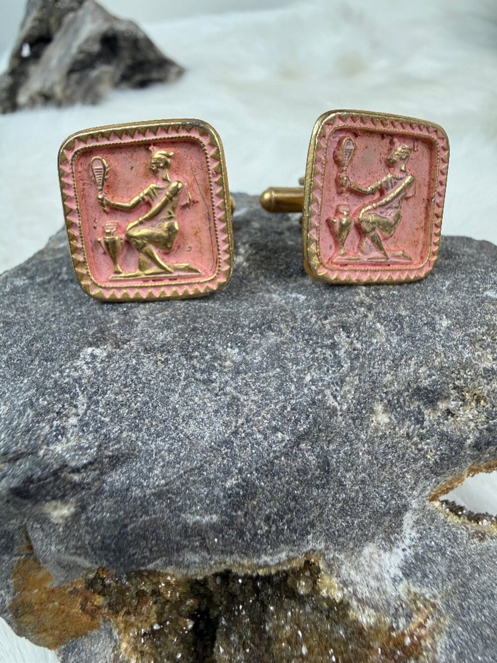 Vintage Egyptian Inspired Pink & Gold Tone Cuff Links Cufflinks Grecian Roman